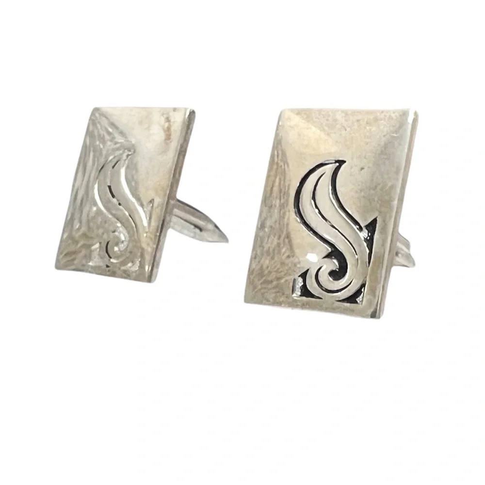 VINTAGE CUFFLINKS & MATCHING TIE CLIP SET - SILVER TONE WITH BLACKENED SWIRL